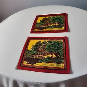 2 Vtg Cross Stitch Placemat Red Yellow Green House Trees Bushes Decor